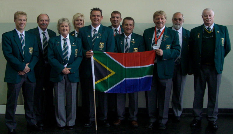 L to R - Dale Joseph, Ron Stirk (Coach), Arddyn Moolman (Manager), Mary de Klerk, Jacques Jacobs (Asst Coach),Frank Eckard, Henk Koster, Hans Schwebel, Walter Walle, Deon van den Berg (Intl Jury Member)
